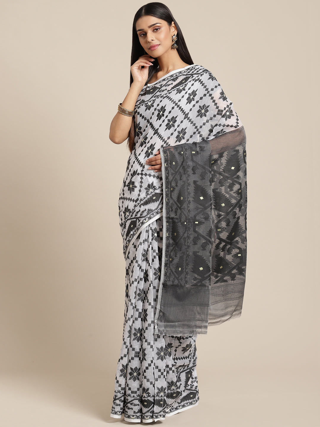 White & Black Cotton Jamdani Saree