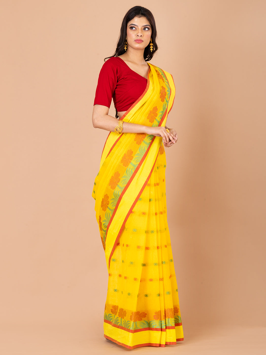 Yellow & Multi pure cotton Floral Design taant saree