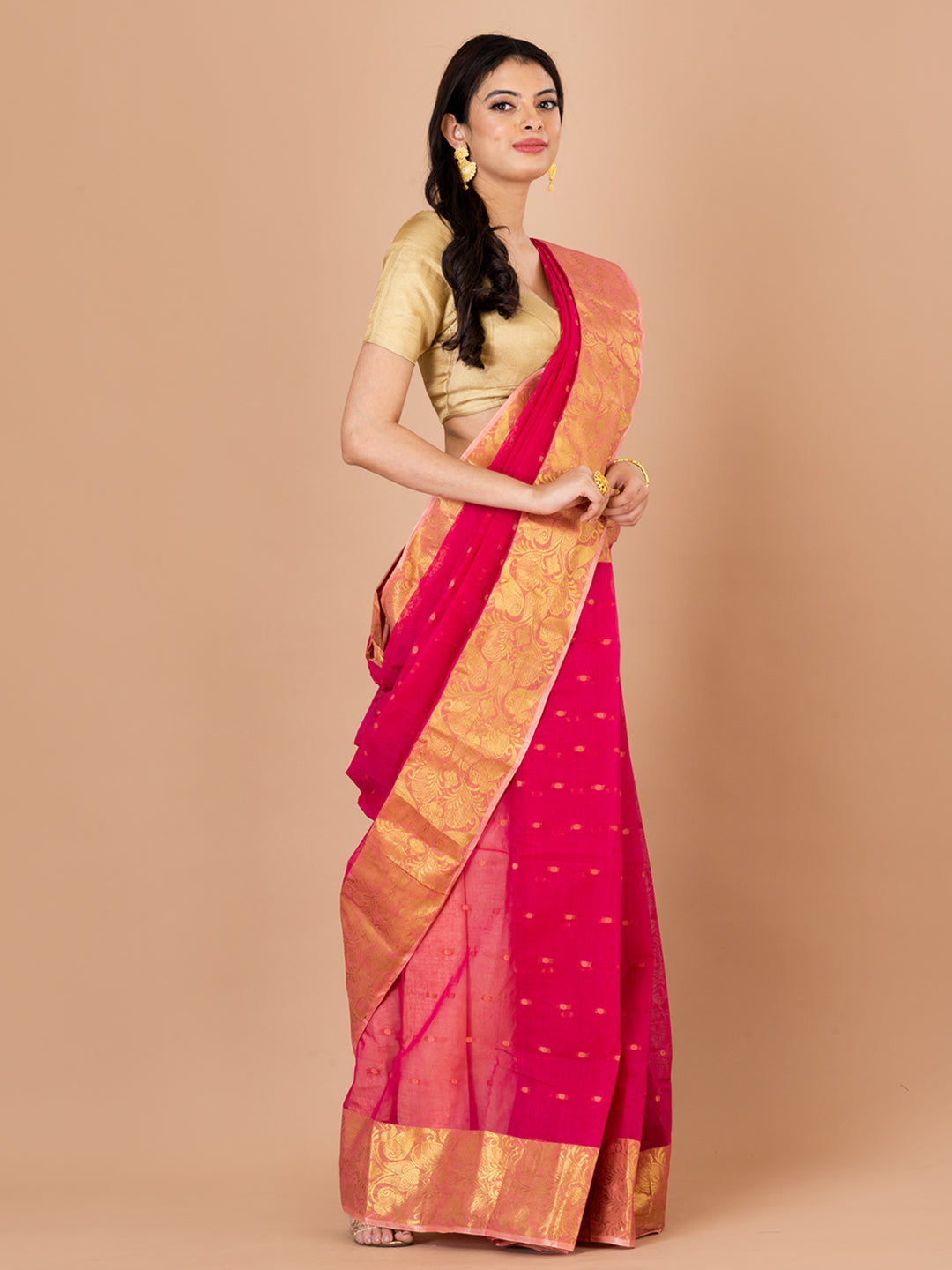 Pink & Golden pure cotton taant saree