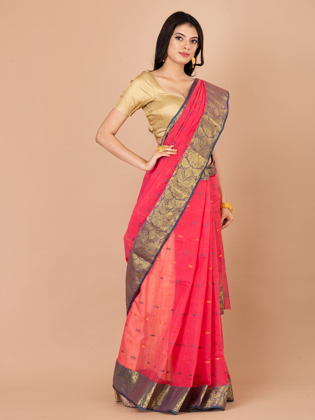 Pink & Green pure cotton taant saree