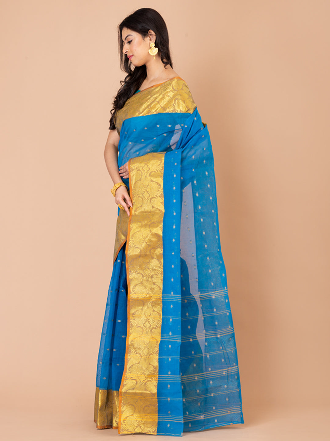 Aqua Blue & Yellow pure cotton taant saree