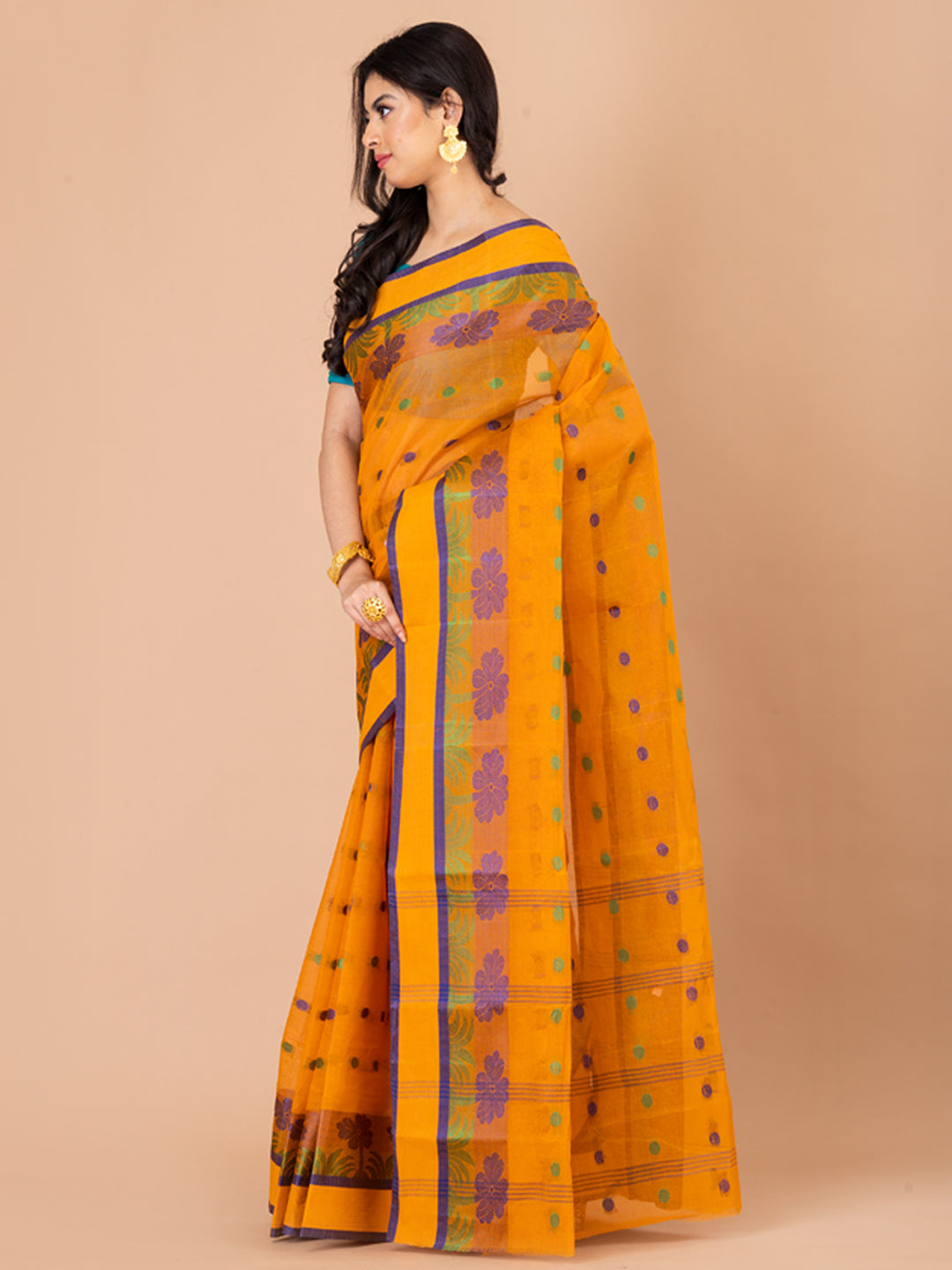 Mustard Yellow & Blue pure cotton Floral Design taant saree