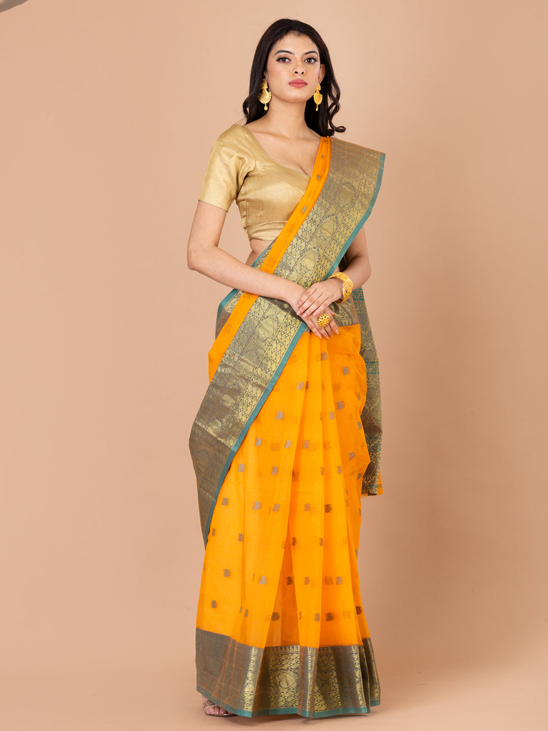 Orange & Green pure cotton taant saree