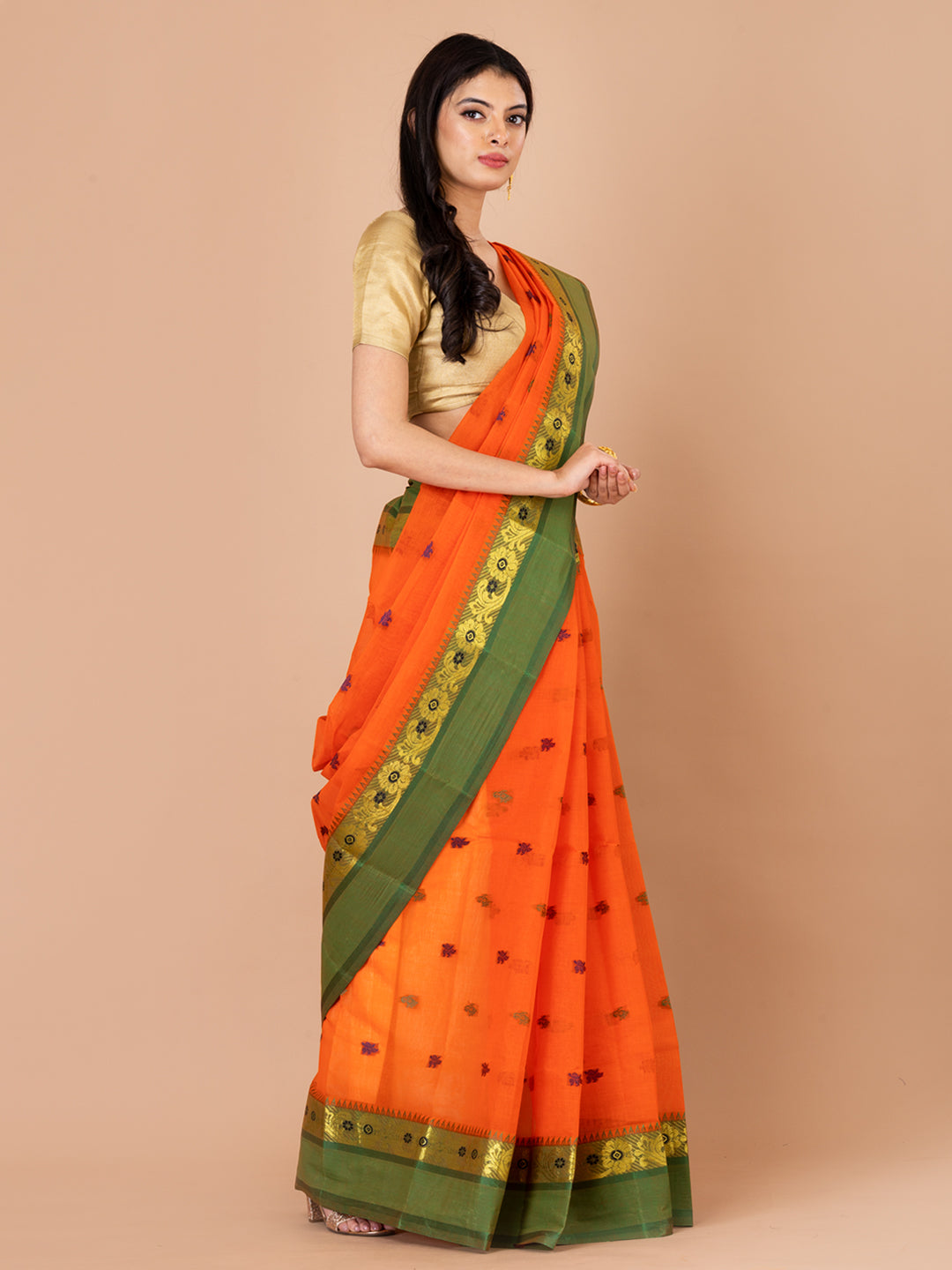 Orange & Green pure cotton taant saree