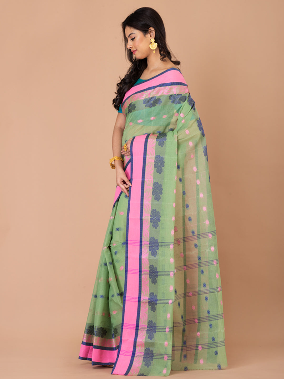 Pista Green & Multi pure cotton Floral Design taant saree