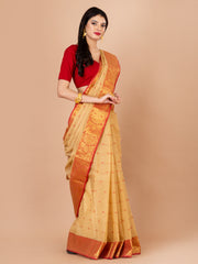 Beige & Red pure cotton taant saree