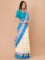 White & Blue pure cotton Floral Design taant saree