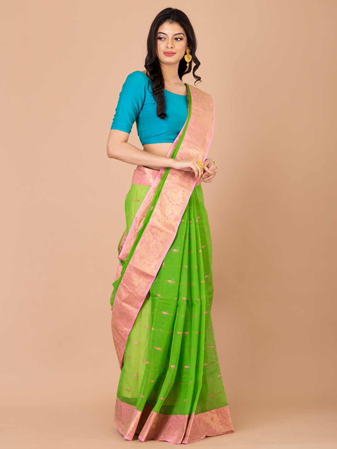 Green & Pink pure cotton taant saree