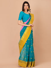 Deep Green & Multi pure cotton taant saree