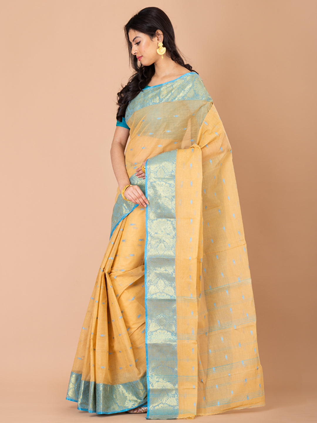 Beige & Sky Blue pure cotton taant saree