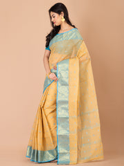 Beige & Sky Blue pure cotton taant saree