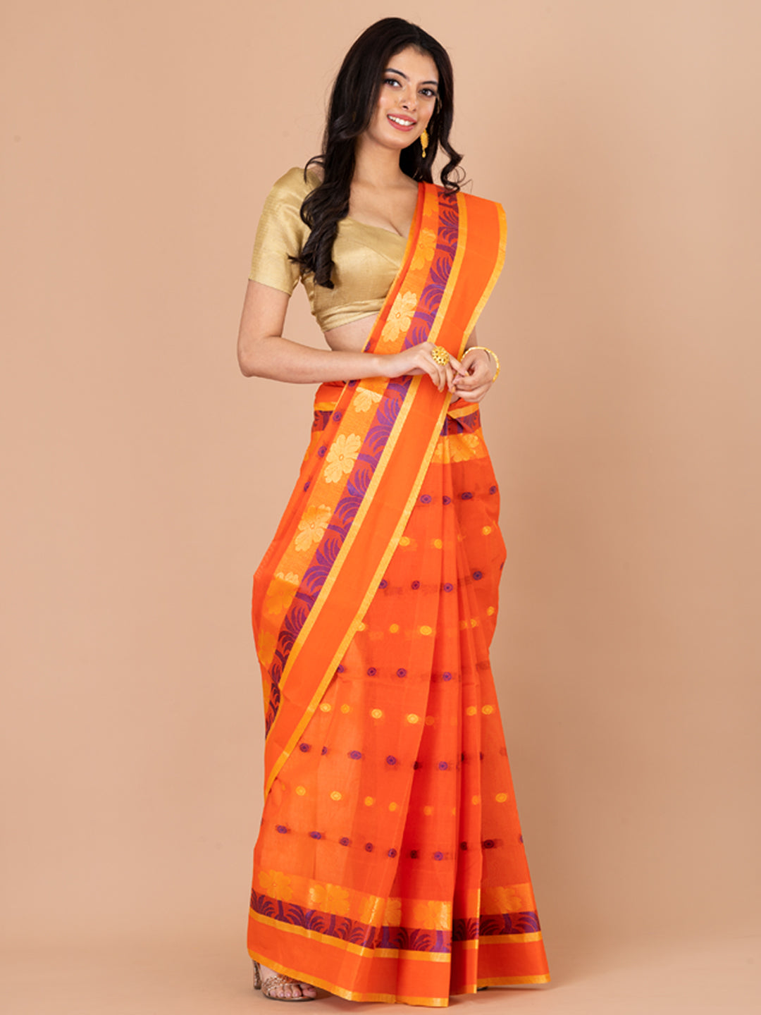 Orange & Blue pure cotton Floral Design taant saree