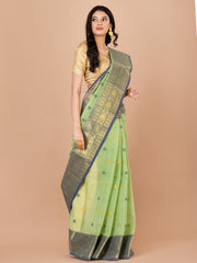 Pista Green & Navy Blue pure cotton taant saree