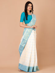 White & Blue pure cotton taant saree