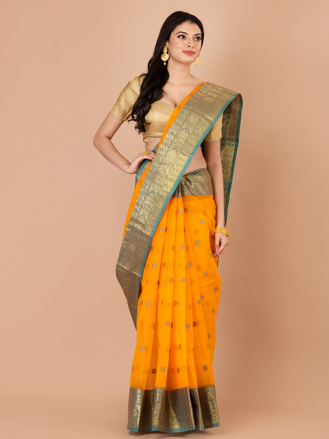 Orange & Green pure cotton taant saree