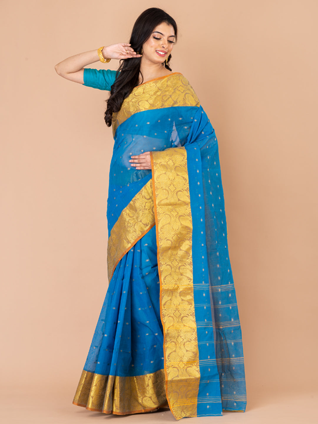 Aqua Blue & Yellow pure cotton taant saree