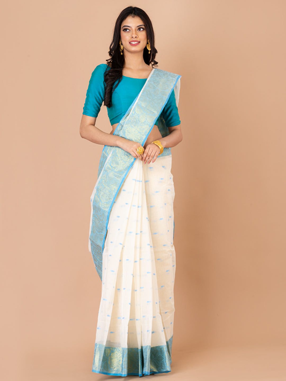 White & Blue pure cotton taant saree