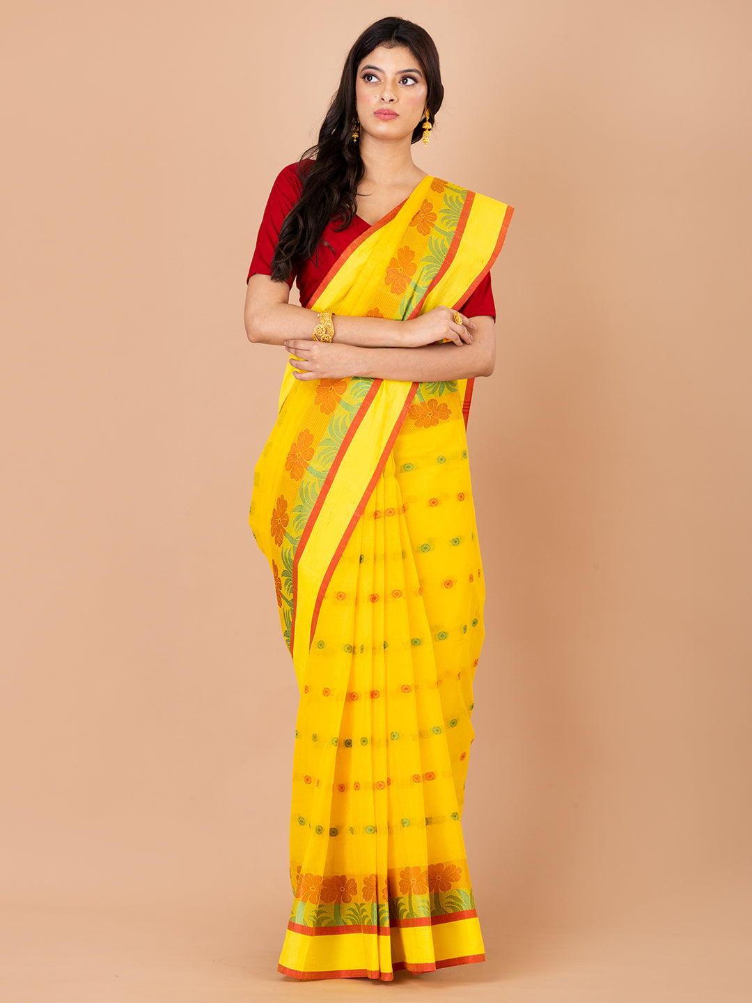 Yellow & Multi pure cotton Floral Design taant saree