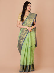 Pista Green & Navy Blue pure cotton taant saree