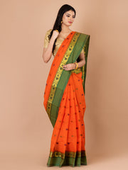 Orange & Green pure cotton taant saree