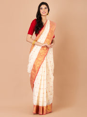 White & Red pure cotton taant saree