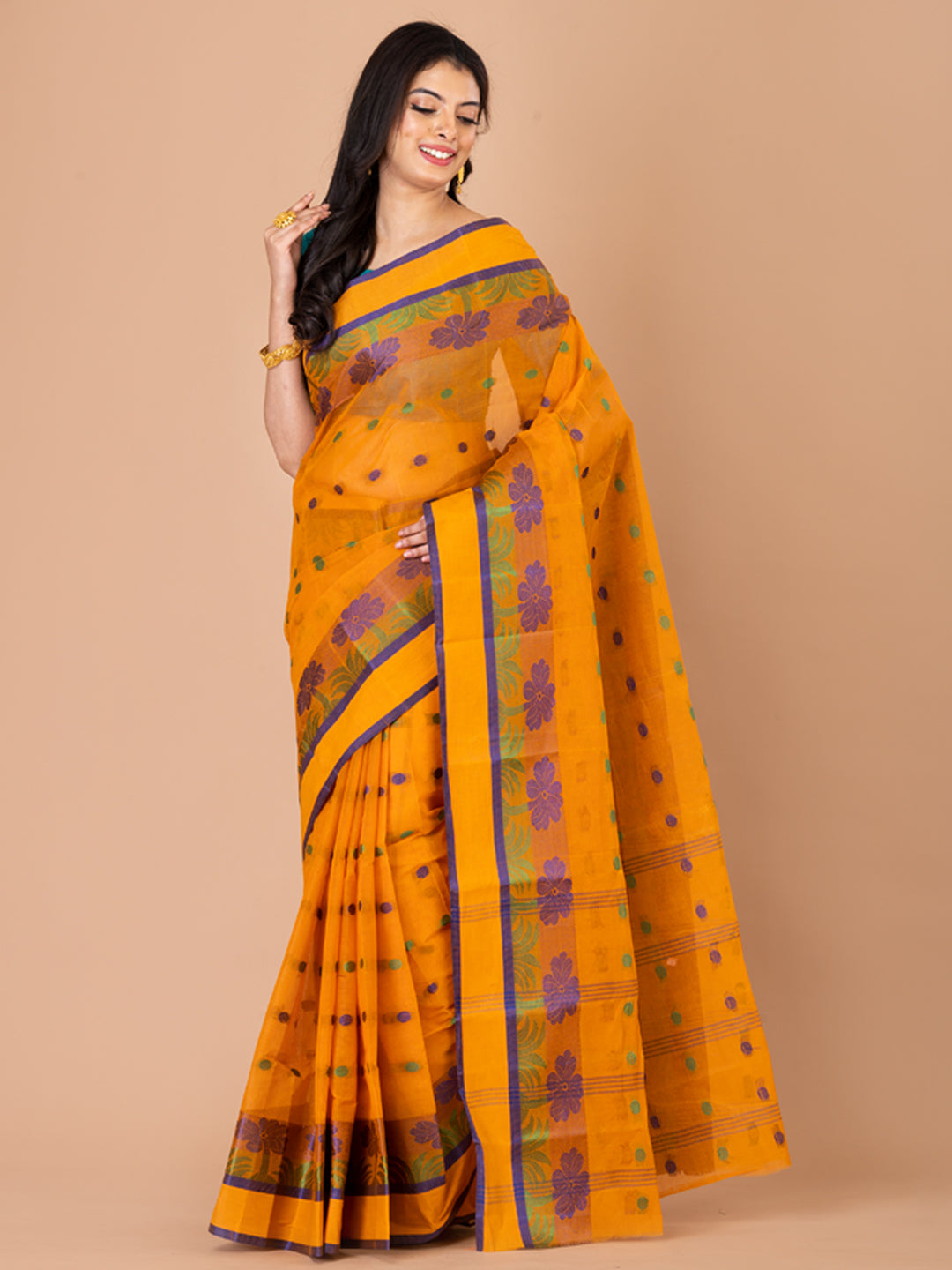 Mustard Yellow & Blue pure cotton Floral Design taant saree