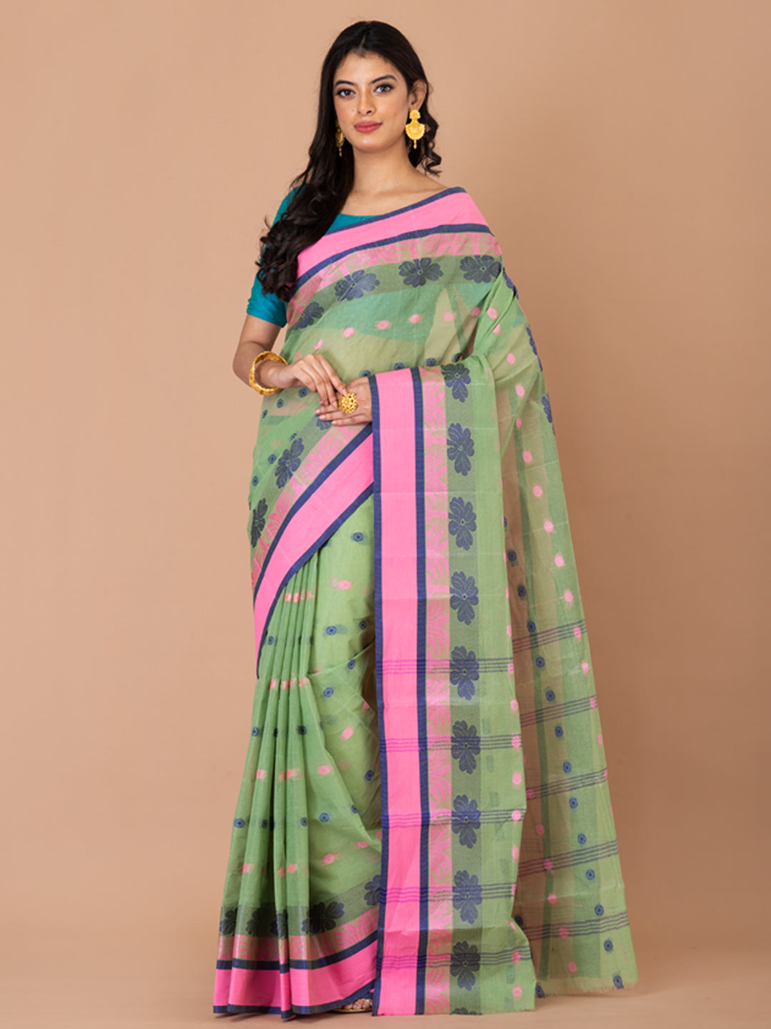 Pista Green & Multi pure cotton Floral Design taant saree