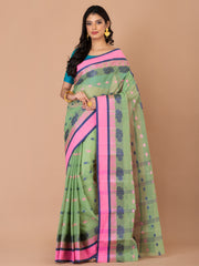 Pista Green & Multi pure cotton Floral Design taant saree