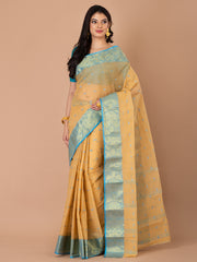 Beige & Sky Blue pure cotton taant saree