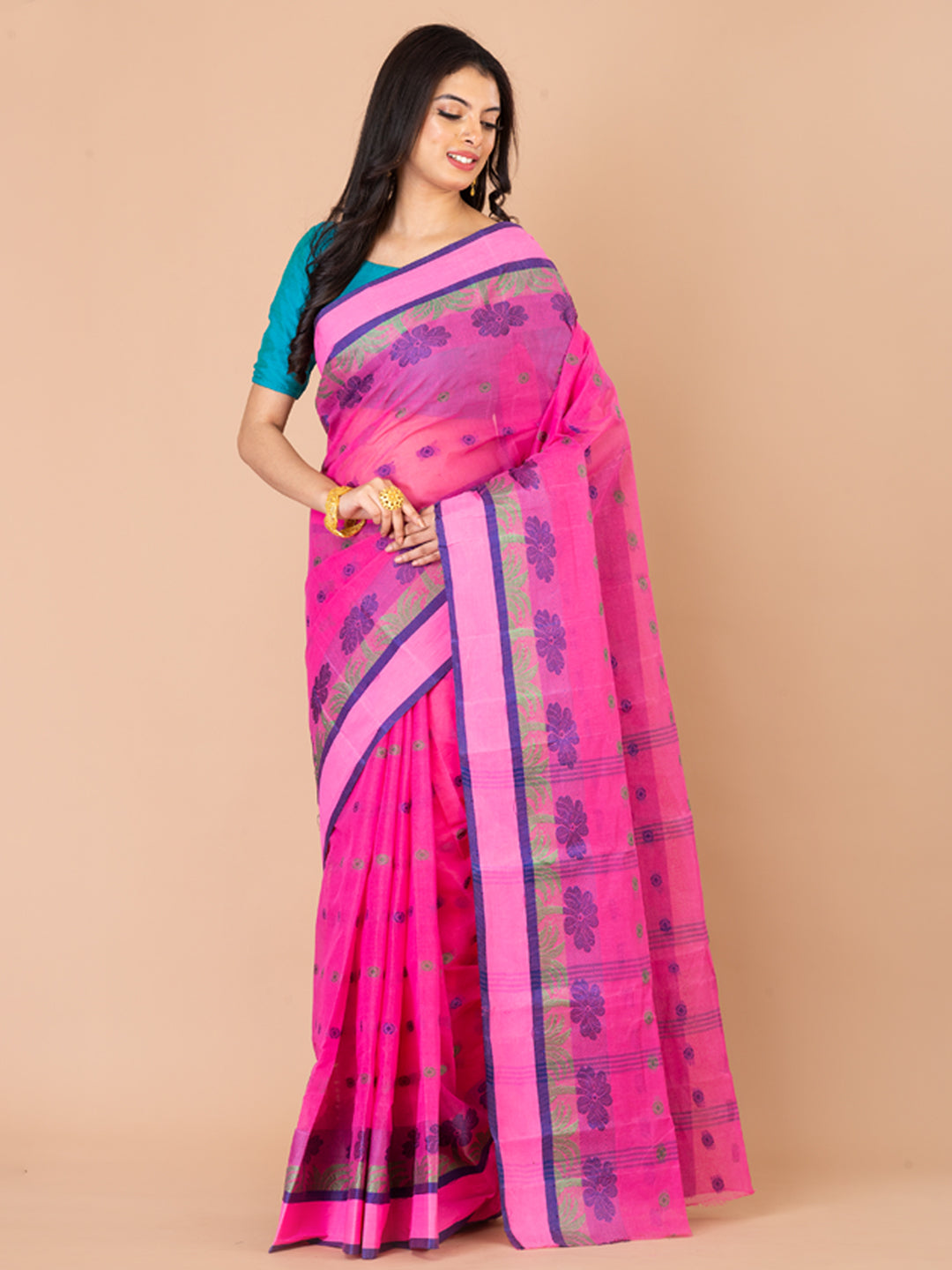 Pink & Blue pure cotton Floral Design taant saree