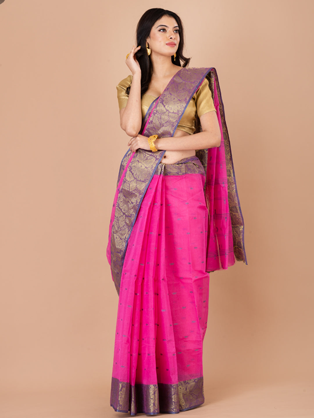 Pink & Purple pure cotton taant saree