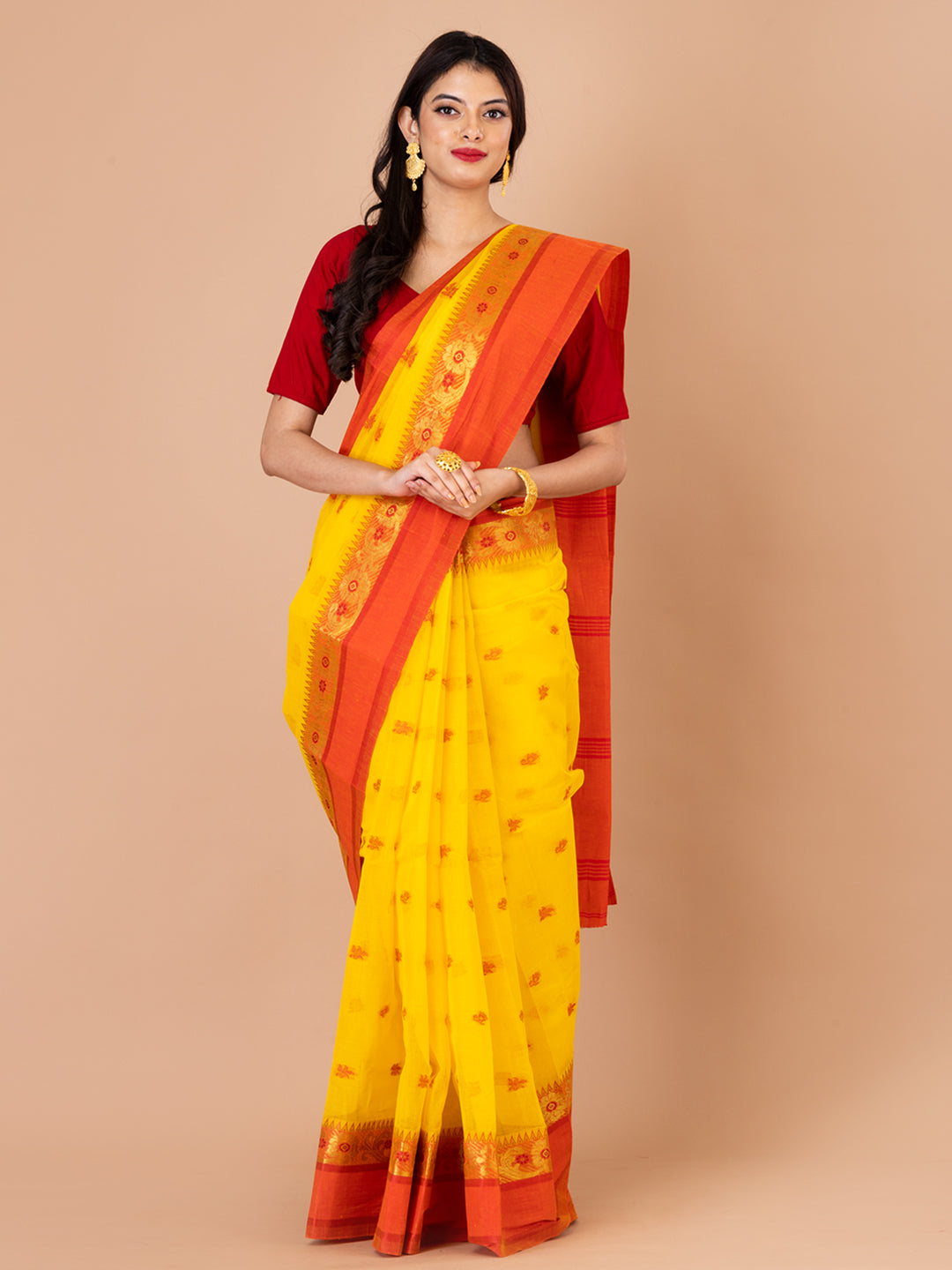 Yellow & Red pure cotton taant saree