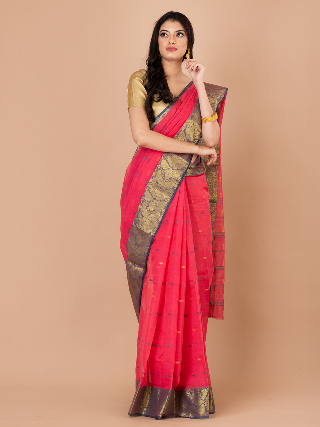 Pink & Green pure cotton taant saree