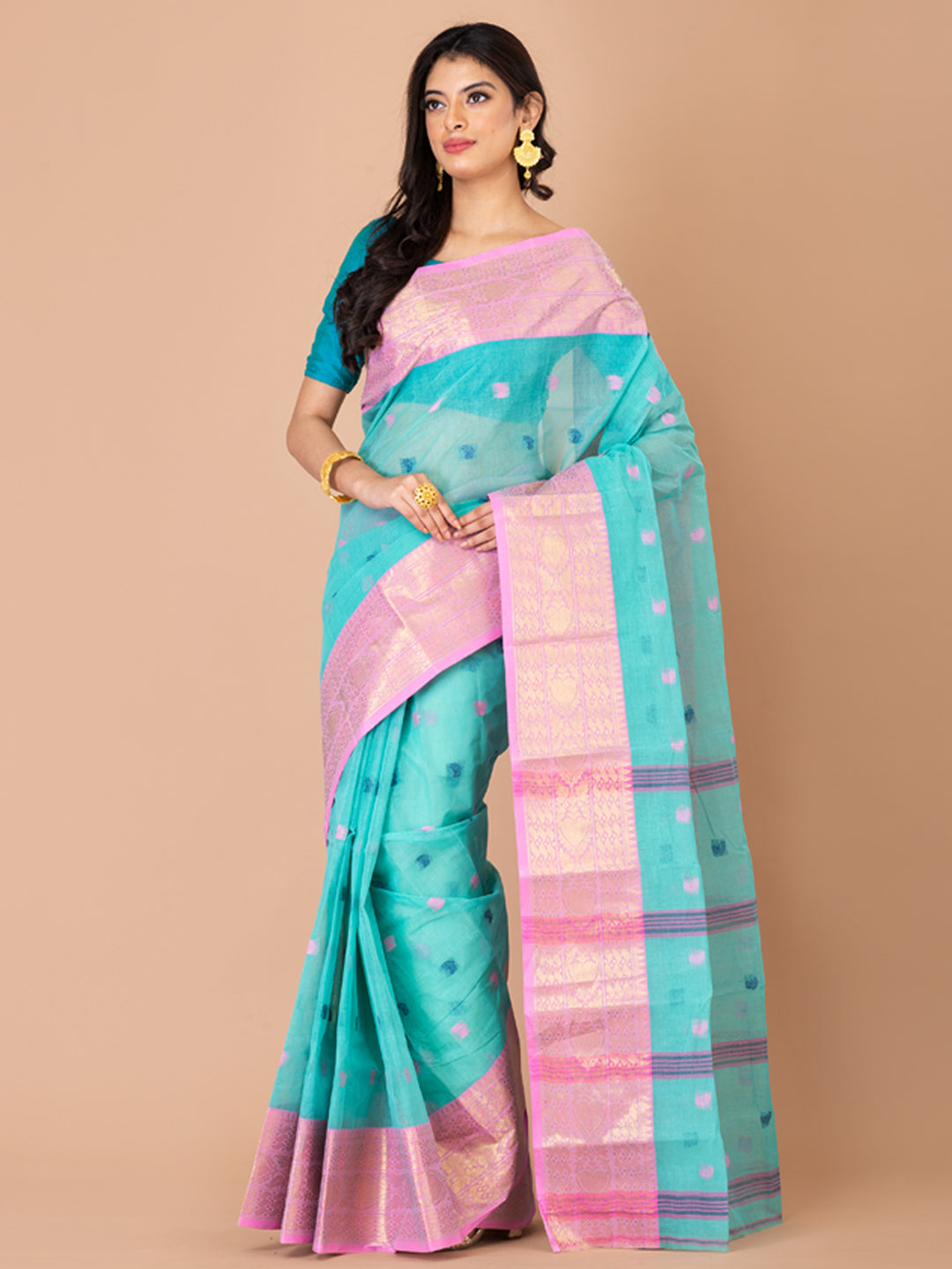 Laa Calcutta Sea Green & Puink Bengal Taant