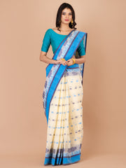 White & Blue pure cotton Floral Design taant saree