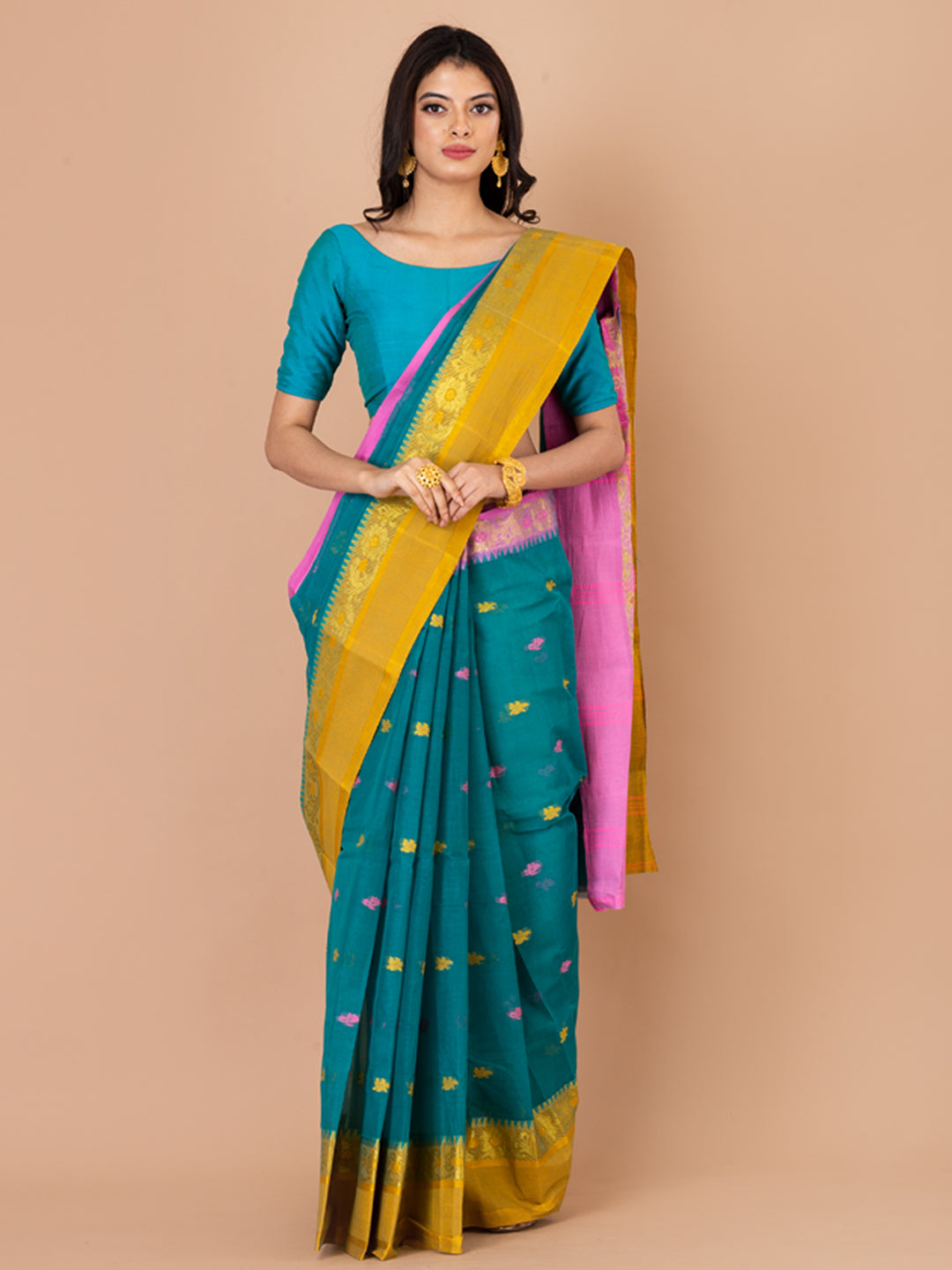 Deep Green & Multi pure cotton taant saree