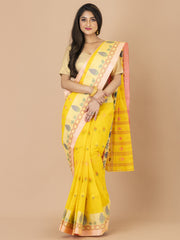 Yellow & White pure cotton taant saree