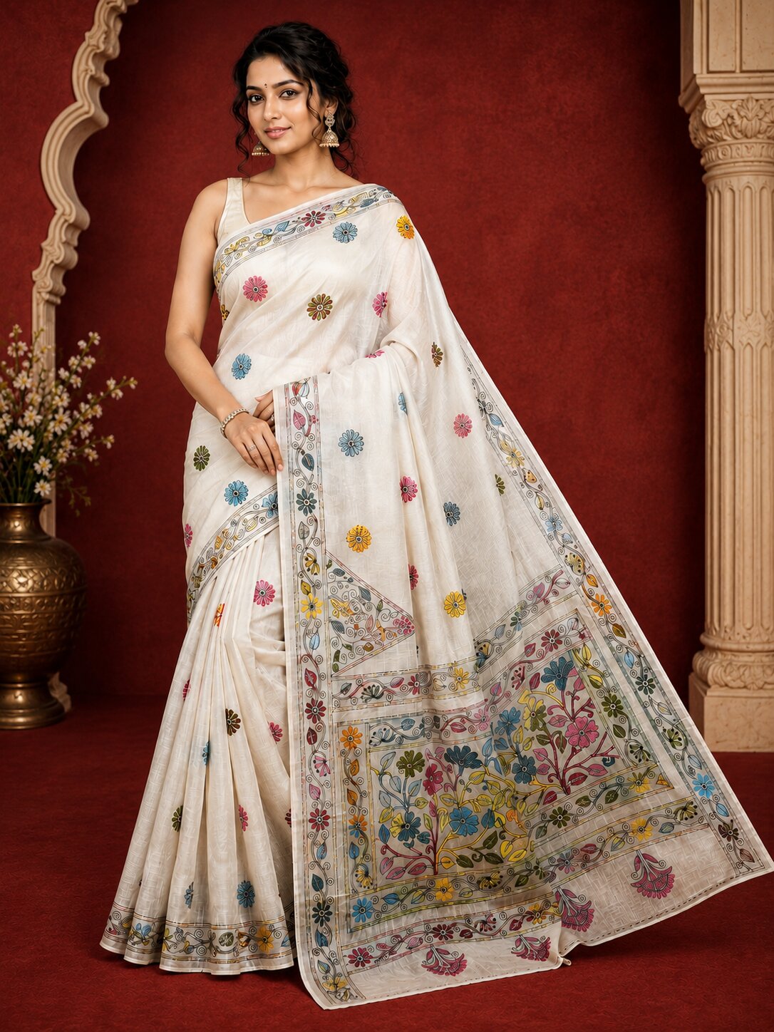 Laa Calcutta White & Multi hand-stitch embroidary silk blend kantha stitch saree