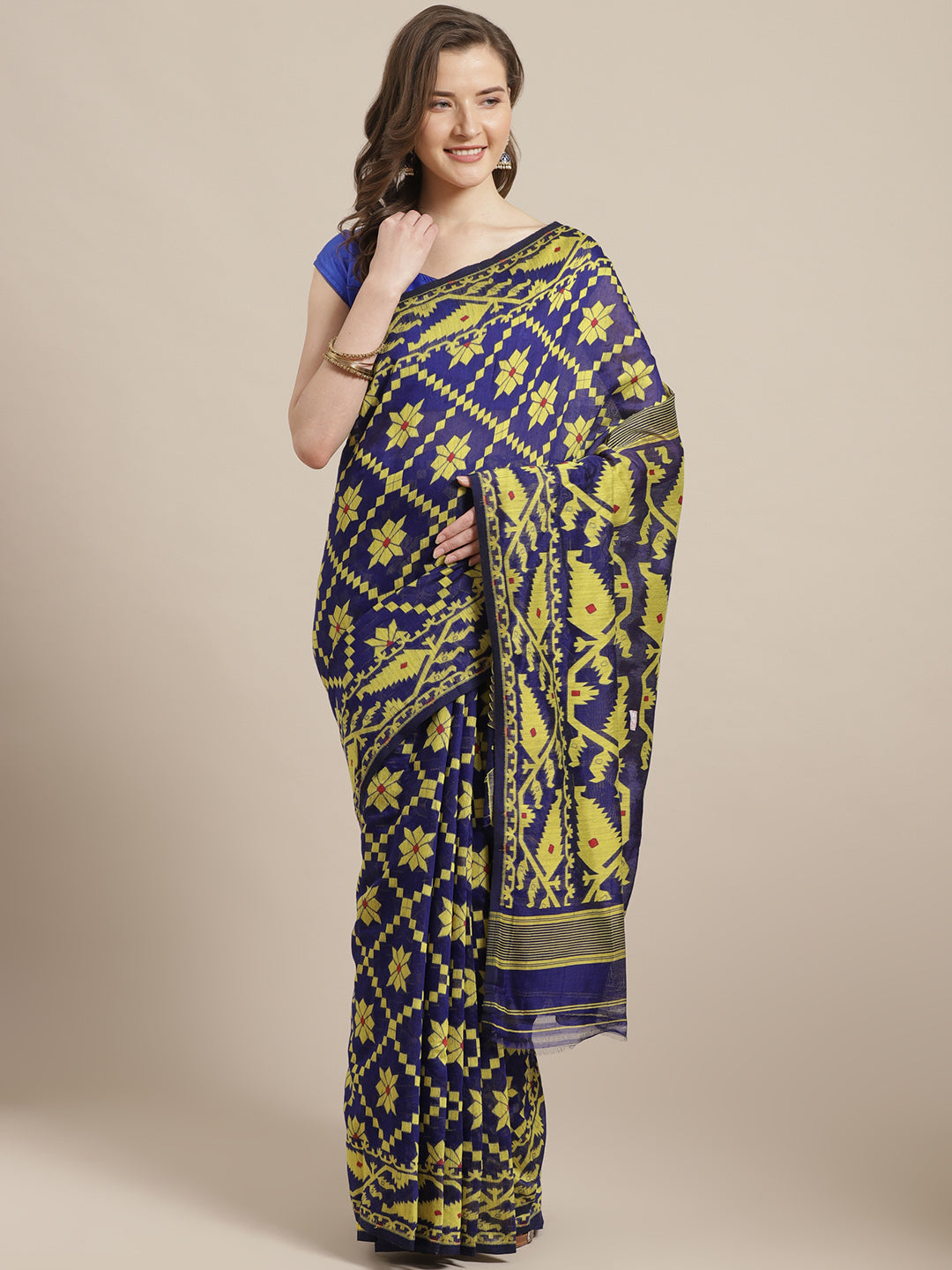 BLUE & YELLOW Cotton Jamdani Saree