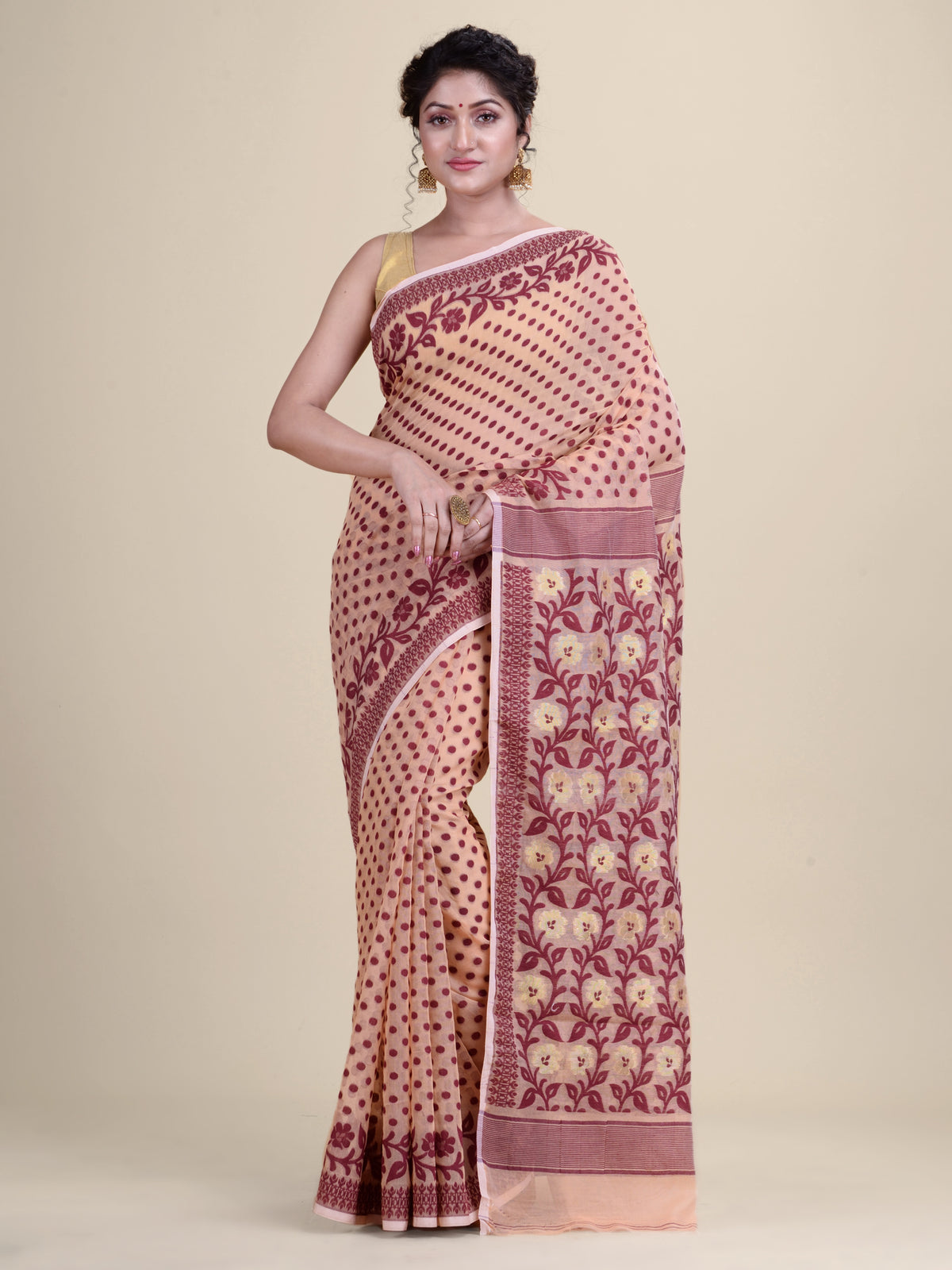 Beige & Maroon Cotton Jamdani Saree