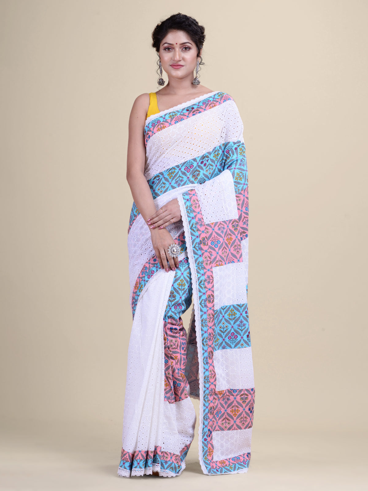 White & Multi Ajrakh Hakuba handloom Saree