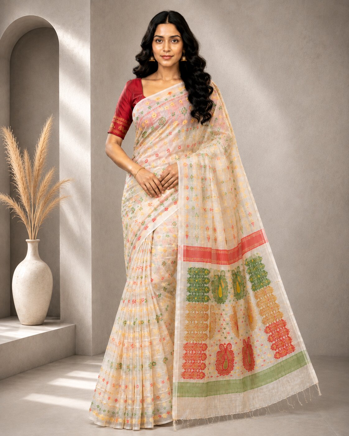 Laa Calcutta White & Multi cotton blend jamdani saree