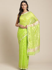 Lime Green & Golden Cotton blend Jamdani Saree