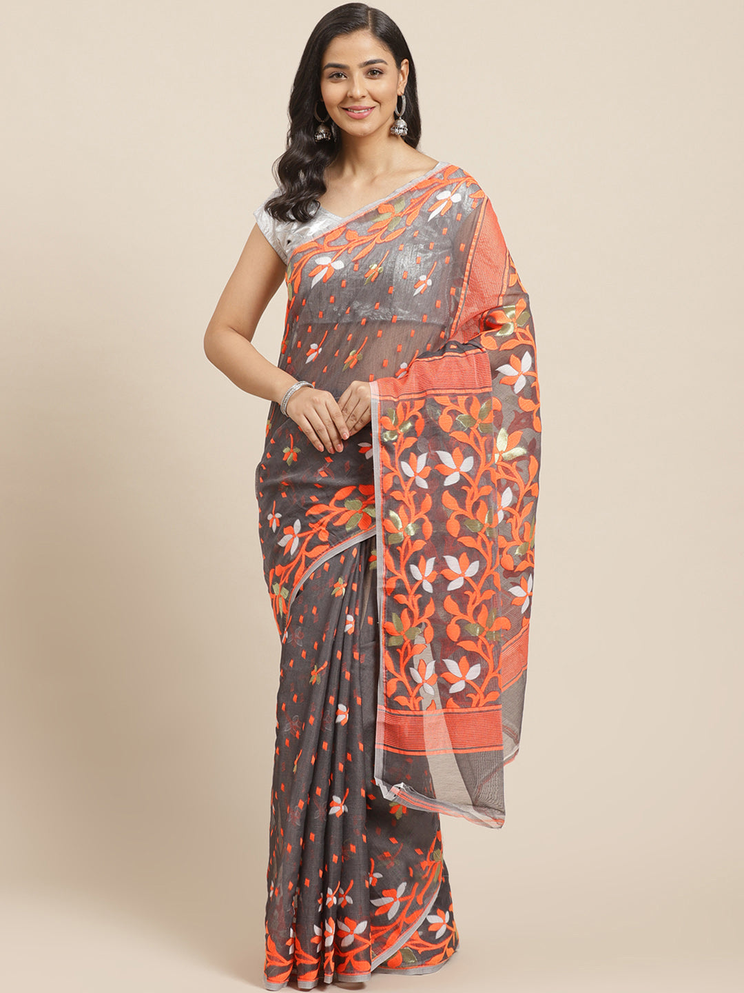 Grey & Orange Cotton Jamdani Saree