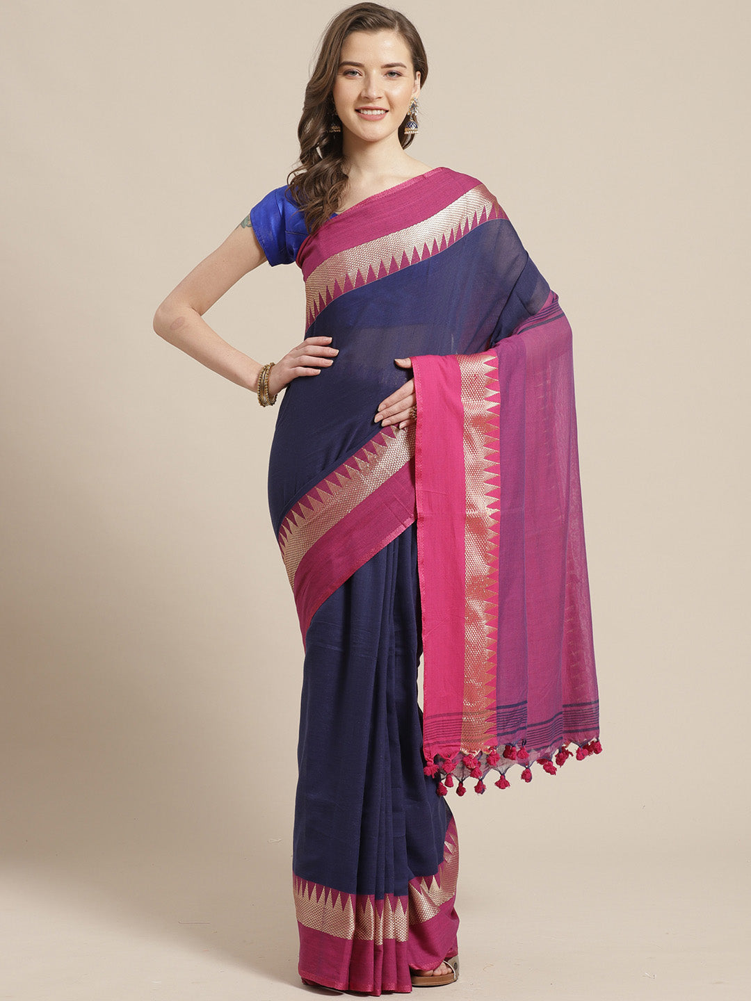 Laa Calcutta Navy Blue & Purple Cotton handloom saree