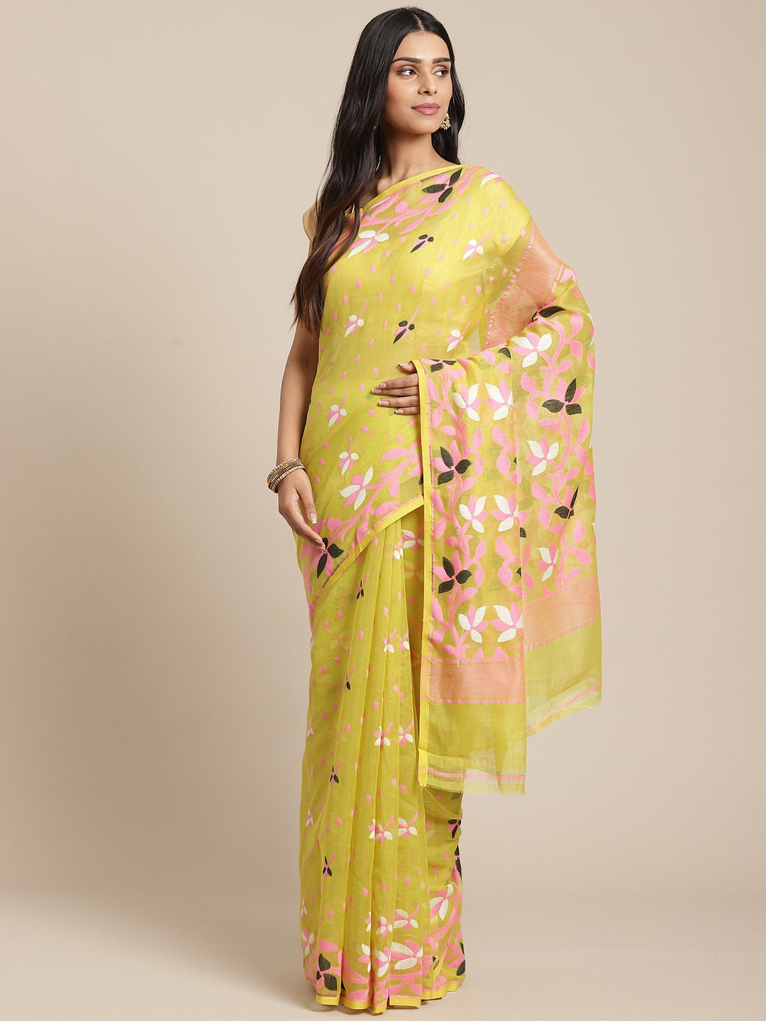 olive green & pink Cotton Jamdani Saree