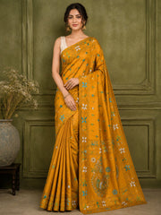 Laa Calcutta Yellow & Multi hand-stitch embroidary silk blend kantha stitch saree