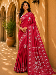 Laa Calcutta Pink & White hand-stitch embroidary silk blend kantha stitch saree