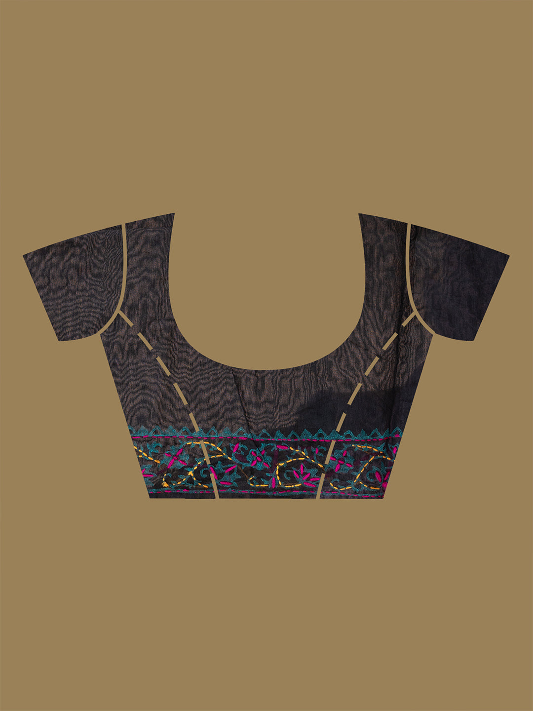 Laa Calcutta Black & Multi Chanderi silk printed pattterns hand woven embroidered kantha stitch saree for women