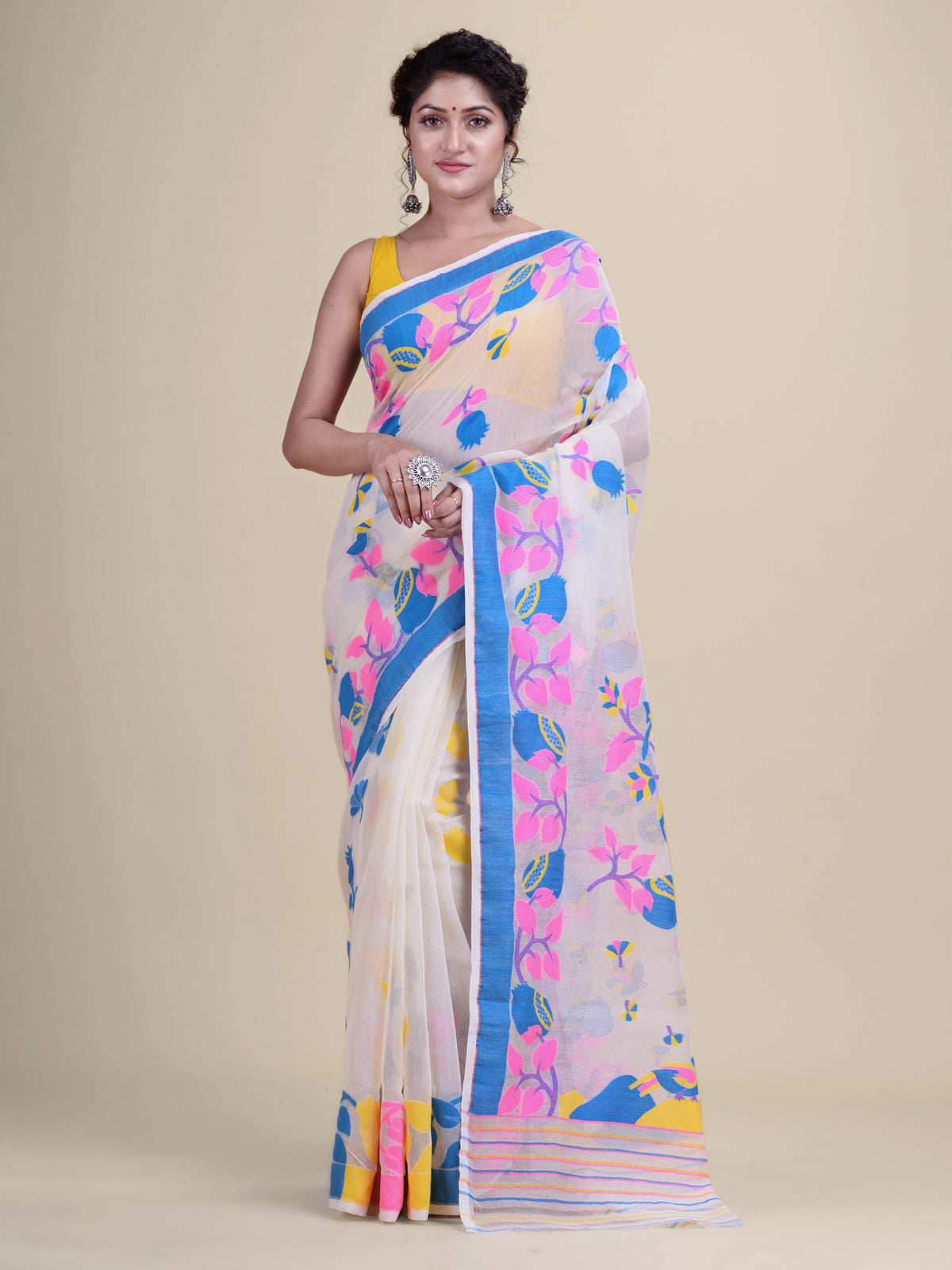 White & Multi   Cotton Jamdani Saree